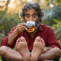 mr robert is drinking fresh tea, smoke pot and meditate using his feet in a garden from spiral mug, dark grey hairs, detailed glad face, chest legs, visible belly, happy toes, golden hour closeup photo, red elegant shirt, eyes wide open, ymmm and that smell