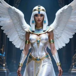 perfect white haired egyptian goddess wearing white dove wings, warframe armor, regal, attractive, ornate, sultry, beautiful, ice queen, half asian, pretty face, blue eyes, detailed, scifi platform, 4 k, ultra realistic, android body, illuminated, cinematic, masterpiece, art by akihito tsukushi, voidstar, artgerm
