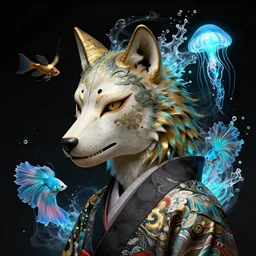wolf - up profile portrait biomechanics with ram skull. beautiful intricately detailed japanese wolf kitsune mask and clasical japanese kimono. betta fish, jellyfish phoenix, bio luminescent, plasma, ice, water, wind, creature, artwork by tooth wu and wlop and beeple and greg rutkowski. gold black teal and blue color scheme