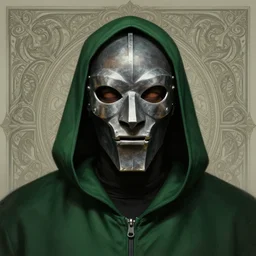 portrait of mf doom, gray - metal steel mask, dark green hood, complex background, intricate, elegant, highly detailed, digital painting, artstation, concept art, smooth, sharp focus, illustration, by anato finnstark, boissb - blanca. j, cindy avelino, clint cearley, anna podedworna