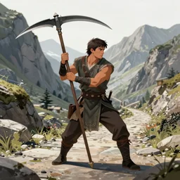 a male warrior with a scythe in a mountain pass, stunning art by charlie bowater, ross tran, artgerm, and makoto shinkai, detailed, dramatic lighting