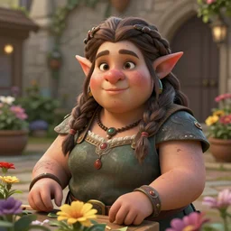 chubby female dwarven flower seller in courtyard, intricate braided hair, big nose, short and plump body, soft lighting, highly detailed face, sharp focus, artstation, secret of mana, sophie anderson, arnold armitage, loish