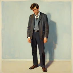 by dean ellis beautiful graphic full body portrait by petros afshar, a depressed sad man, 1 9 7 0 s illustrated advertising art, painterly character design by petros afshar, quint buchholz, cuno amiet, will barnet, hsiao - ron cheng