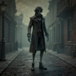 a long legged victorian man, ghostly, creepy, dark street, ghostly, old faded photographa, by octane render blender 8 k isometric dof spot lighting