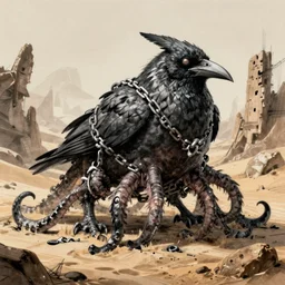 bloated featherless large crow - octopuss hybrid, dragon - like, large body, angry, chained up, chains, world of warcraft art style, wow cinematic cutscene, sand, desert ruins, lovecraftian, dnd, eldritchpunk, + ink sketch by mark harrison