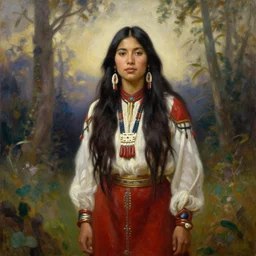 beautiful female American Indian, long flowing hair, standing in a fantasy environment, realistic oil painting by Thomas Cole and Wayne Barlowe