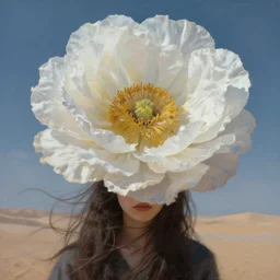 closeup, massive flower head, girl in desert, surreal photography, wind and cold, dramatic sky, impressionist painting, digital painting, artstation, simon stalenhag