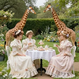 elegant victorian tea party with giraffes in an english summer garden patio, pre - raphaelite - h 7 6 8