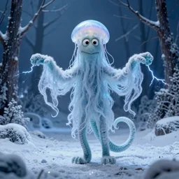humanoid ethereal ghostly live action muppet wraith like figure with a portuguese man o war head with two very long tentacles for arms that flow gracefully at its sides with a long fuzzy snake tail for legs, it stalks around the frozen tundra searching for lost souls and that hide in the shadows in the trees, this character can control the ice, snow, shadows, and electricity, it is a real muppet by sesame street, photo realistic, real, realistic, felt, stopmotion, photography, sesame street