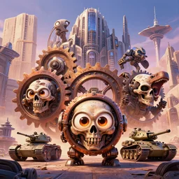 pixar googly eyes warm colored, highly detailed cinematic scifi render of 3 d sculpt of spiked gears of war skulls bucketwheel jabbas palace cybertron fury road m 1 tank dinosaurs, military chris foss, john harris, hoover dam'aircraft carrier tower'beeple, warhammer 4 0 k, halo, star citizen, halo, mass effect, high tech industrial, artstation unreal, 4 k, 8 k, hd