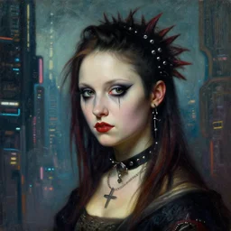 close up portrait of a punk goth girl in a cyberpunk city, oil painting by canaletto leonardo da vinci