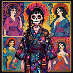 cute punk goth fashion hippy fractal Día de los Muertos android girl wearing kimono made of circuits and leds by Zhang Jingna, psychedelic poster art by Hannah Höch Käthe Köllwitz Victor Moscoso Rick Griffin Alphonse Mucha Gustav Klimt Ayami Kojima Amano Charlie Bowater