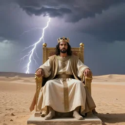 a man with a crown on his head, dressed in a robe, sitting on a throne, in the desert, in the background a thunderstorm, cinematic, film, 8 k, action,