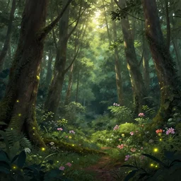 ((A detailed and beautiful rich illustration depicting a lush and blooming forest)), small fireflies here and there, sun glare coming from above::by Andreas Rocha, by John Frederick Kensett, by Clive Madgwick::featured on deviant art, trending on artstation