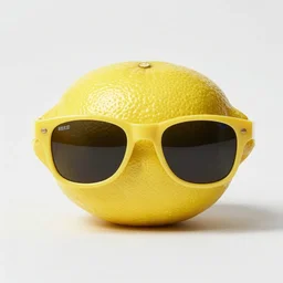 a lemon wearing sunglasses, blocky, direct sunlight, dslr