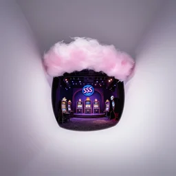 minimalistic extreme wide angle curved perspective digital art of sss cotton candy indoor casino with a stage by anton fadeev from nightmare before christmas