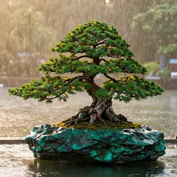 photo bonsai cedar on a small emerald rock in the water, gold hour, soft lighting, rain, medium full shot, volumetric lighting, beautiful, ultra detailed, 3 5 mm, fujifilm