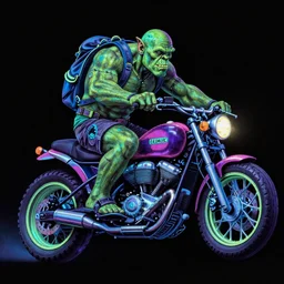 psychedelic blacklight airbrush artwork, action shot of an orc biker riding a motorcycle, airbrushed on a black background