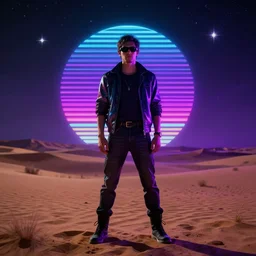realistic man standing in high desert, cyberpunk, digital art, trending on artstation, neon, desert, stars, vaporwave, retrowave, synthpop, 1 9 8 0 s, colorful, glowing, purple