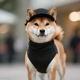 a portrait shiba inu wearing a a black turtle neck and wearing a black barret, bokeh, depth of feild, dslr photo