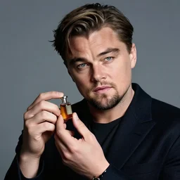 detailed studio portrait of leoanrdo dicaprio holding tiny jar of tincture. watching at camera. studio light, polished look, solid background, ad, fashion photography, by pierpaolo ferrari and maurizio cattelan, 3 5 mm photograph, david lachapelle, canon eos c 3 0 0, 8 k