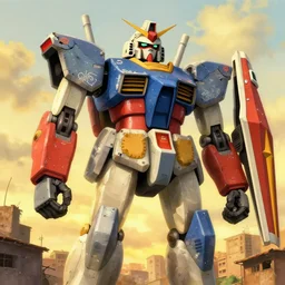 colourful - damaged - giant mecha ROBOT of AJEGUNLE SLUMS of Lagos, markings on robot, Golden Hour, in the style of Ghibli,