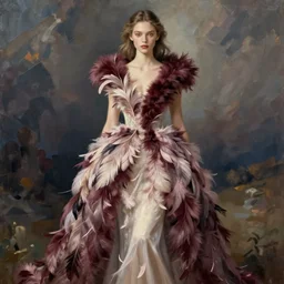 a light feminine dress made of feathers and burgundy fur, fashion design, stylized, oil painting