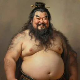 morbidly obese chinese hairy old male emperor warlord, warm and nice inviting facial expression, outlandishly crazy beard with an exposed navel, portrait, realistic painting