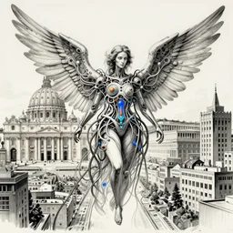 ai biomech, ethereal ultralight mechanism, quantum physics, angelic and unsettling, wires, veins, ferrofluid, bismuth, style blend of hideo kojima, shepard fairey, and botticelli, city backdrop is a blend of the vatican, neo - andean architecture and brutalism, 4 k photorealistic, ultra fine inklines