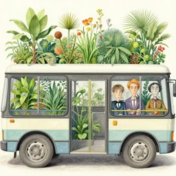 ultra detailed pencil and watercolors and digital illustration of many plants grow inside the bus by henri rousseau, wes anderson, tim burton, tomm moore, jean pierre jeunet ; 4 k 8 k hd high resolution ;