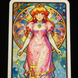 full length portrait of princess peach art nouveau, tarot card by mucha, gaudy colors, sharp edges, octane render, intricate linework.
