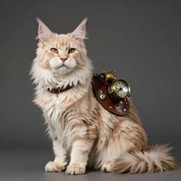 Hyper real photo of a steampunk cream colored Maine Coon kitty, style of Rembrandt but Steampunk