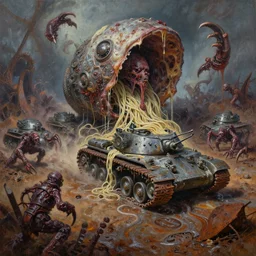 oil painting nightmare macerated future mollusk run army tanks metal noodle terrorizing army clawed chaos landscape fecund afraid of footprints treads hooped around destroyed rust landscape in primoridal slimes dropping into in necrotized skins, cinematic, fine art, ornate masterpiece, by geof darrow