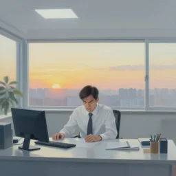 a boss man looking angry at desk, sunset, airbrush and oil painting, pale, inside an office, wide shot,