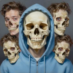 a beautiful, hyperrealism, oil painting symmetrical portrait of a skull wearing a light blue hoodie who smiles tremendously, in the style of james jebusa shannon, reisha perlmutter and finnian macmanus : 5
