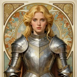 head-on symmetrical centered painted portrait, Elisha Cuthbert as a paladin, blonde hair, ornate iron armour, art nouveau, tarot card style, medieval robes, fantasy, intricate, elegant, highly detailed, smooth, sharp focus, illustration, artstation, in the style of Artgerm and Anna Podedworna and Alex Ross and Mucha