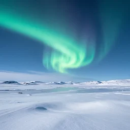 the arctic continent, blue aurora, white snow