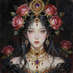 a portrait of the queen of roses by Miho Hirano, by tom bagshaw, occult art, dealicate oil painting, ornamental jewelry