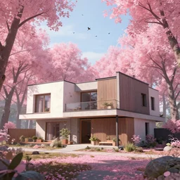 modern houses surrounded by a pink leaf forest, artstation, day, sun, birds