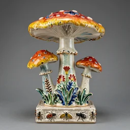 Studio Photograph of Beautiful intensely colorful Ceramic Sculpture Of Tropical Mushrooms on a pedestal, ceramic sculpture with dripping glaze  on a pedestal intricately carved with sgraffito Insects and the images of Tropical Flowers by Amedeo Modigliani by Robert Arneson by Paul Klee, Drippy Glaze  Bright Intense Colors shocking detail hyperrealistic trending on artstation