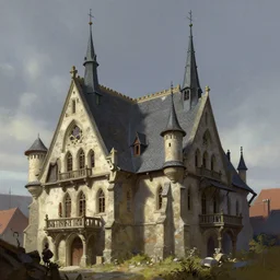 medieval building with mansard roof and two broach spires by stanley artgerm lau, wlop, rossdraws, frank frazetta, andrei riabovitchev, marc simonetti, tranding on artstation