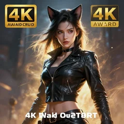 painting of high detail girl a wearing skintight leather jacket, cat ears, fantasy art, dynamic lighting, artstation, poster, volumetric lighting, 4 k, award winning