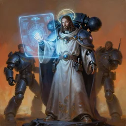 painting of jesus christ as a cloaked tech priest projecting a hologram, adeptus mechanicus, cybernetic enhancements, zdzislaw beksinski, lewis jones, dariusz zawadzki, wayne barlow, warhammer 4 0 k, cold hue's, warm tone gradient background, concept art, digital painting