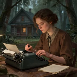 a brown female author writing a book on a typewriter in an eerie cottage in the woods, detailed digital art, trending on artstation, realistic! 8k, anatomically correct