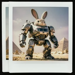 epic battle pose! giant oversized battle robot mech as giant bulky chubby rabbit double decker  bus  with big ears and  rabbit,  in giza , Cinematic focus, Polaroid photo, vintage, neutral colors, soft lights, foggy, by gregory crewdson