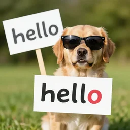 a dog with sunglasses holding a sign that says hello