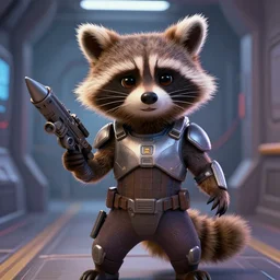 closeup portrait, detailed illustration of furry rocket the raccoon standing in the hallway of a space ship from guardians of the galaxy, wearing mass effect armor, holding a rocket launcher, soft volumetric lighting, cinematic, disney, pixar, confident action pose, gta v
