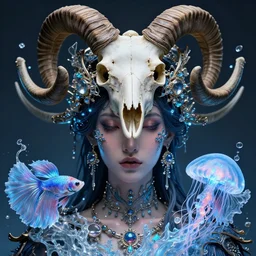 goddess phoenix macro close - up portrait with crown made of ram skull. phoenix, betta fish, jellyfish, bioluminiscent, plasma, ice, water, wind, creature, super intricate ornaments artwork by tooth wu and wlop and beeple and greg rutkowski