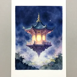 centered on watercolor paper, paint brush strokes, watercolor painting of a hovering miniature shrine, holy, enchanted, iridescent and ethereal in fantasy landscape at night, oriental, cinematic light, in the style of noriyoshi ohrai