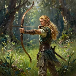 a beautiful painting of an epic fantasy style mystical forest elf archer man with long blond hair in the midst of a grassy meadow, oil painting, Greg Rutkowski, unreal 5, DAZ, hyperrealistic, octane render, RPG portrait, dynamic lighting, fantasy art,